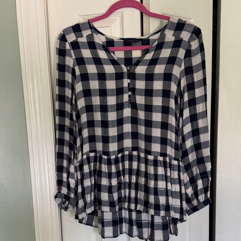 Navy and White Checkered Women's Top